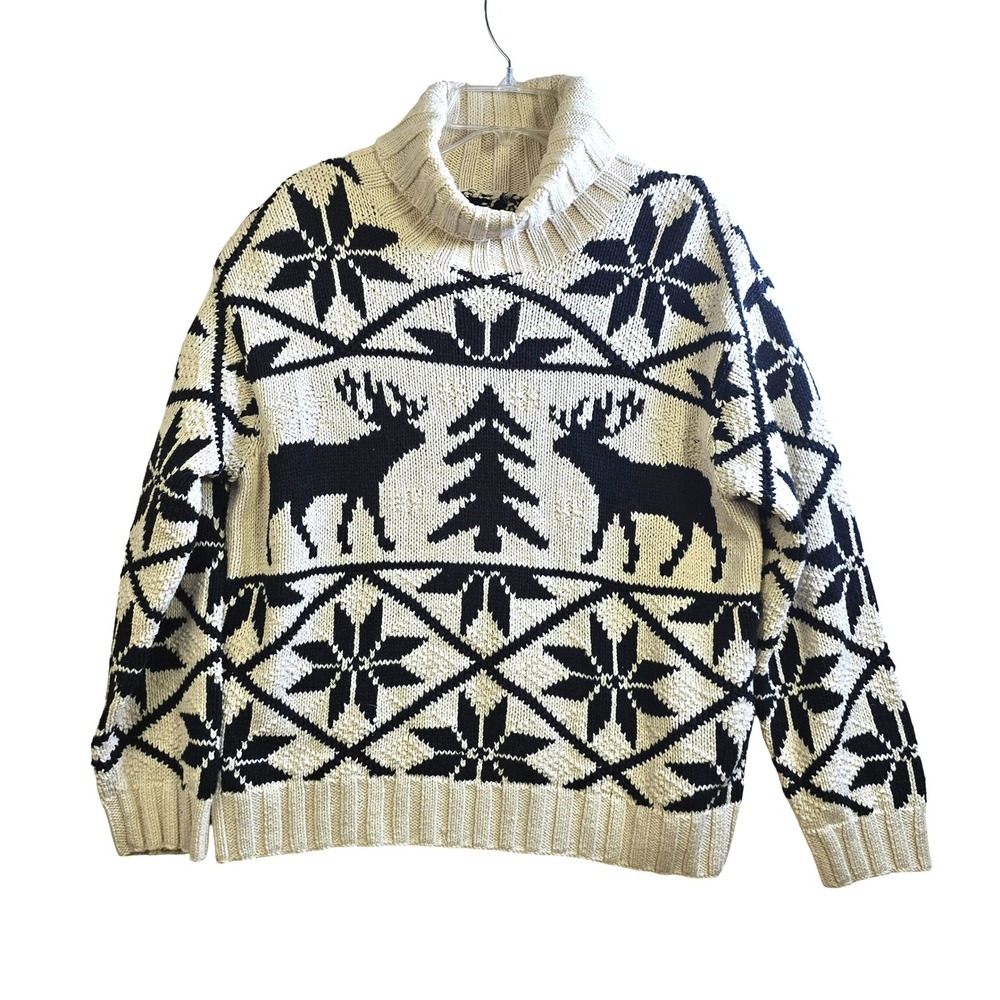 Vintage Lauren Ralph Lauren Cotton Linen Sweater Reindeer Nordic Hand Knit Large